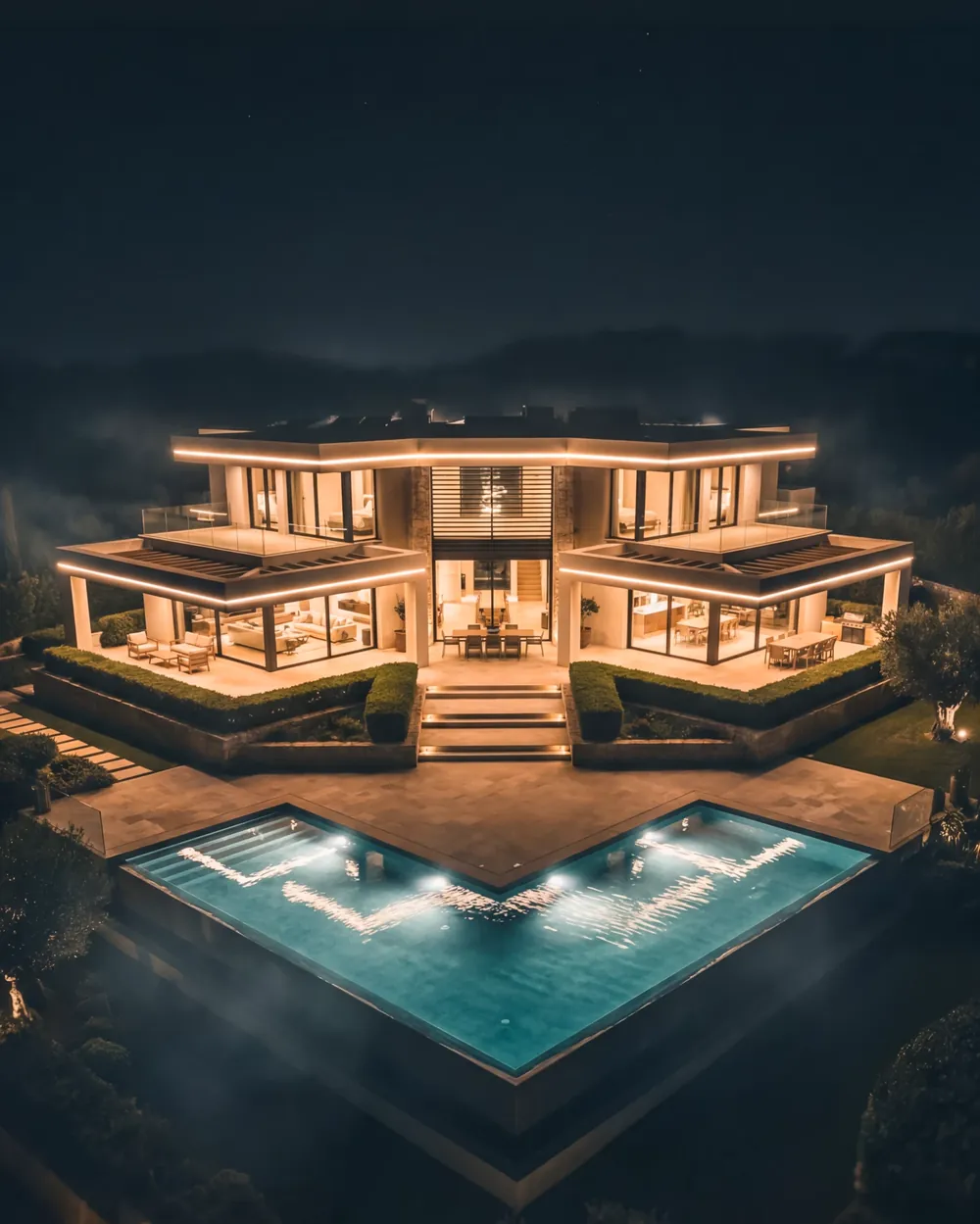 Villa de lujo iluminada de noche con piscina